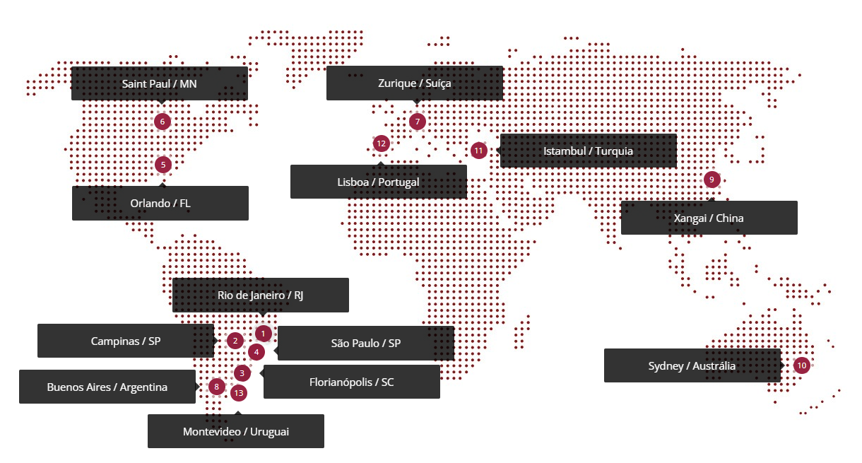 Mapa de presença global do Martins Regina Advocacia